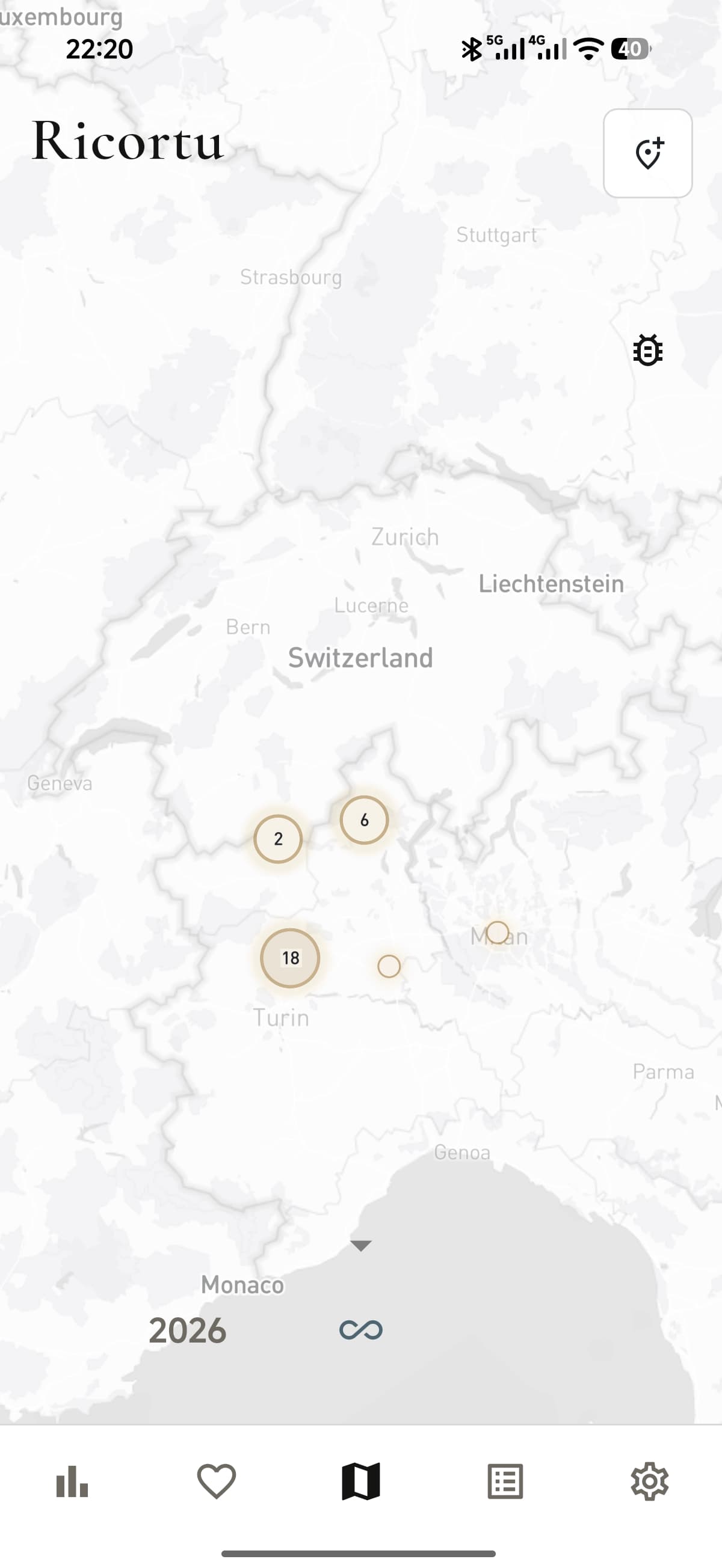 RICORTU map with saved place clusters around northern Italy.